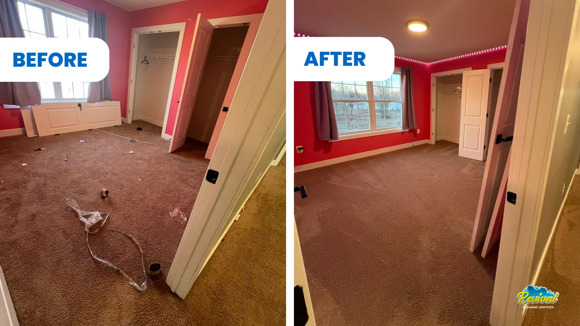 Before and after of an empty bedroom: trash and debris on the carpet before, a clean carpet and closets after
