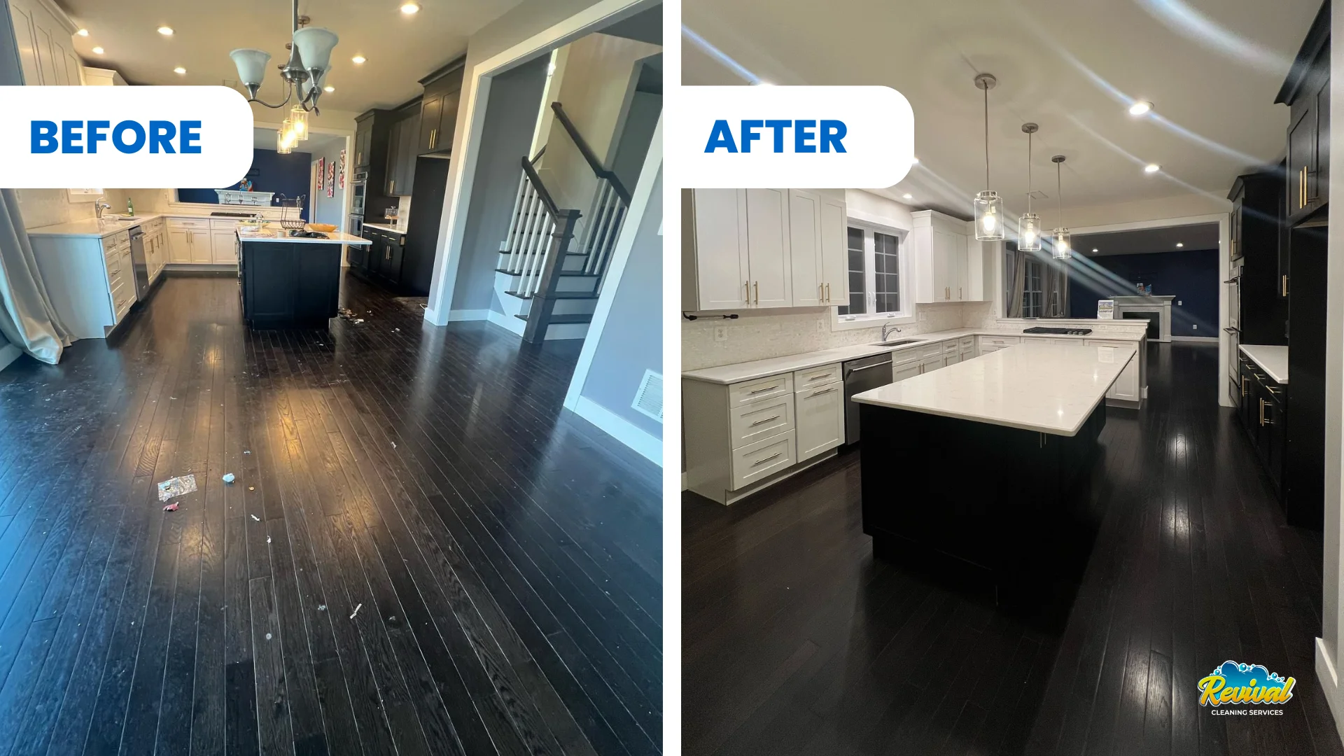 Before and after of an open kitchen: litter on dark hardwood floors before, spotless floors and counters after