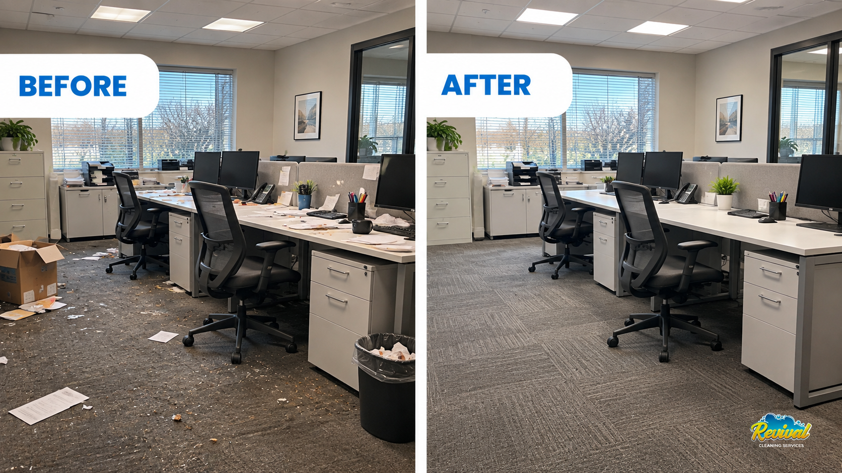 Before and after of an open-plan office: papers, trash and debris on desks and carpet before, clean desks and carpet after