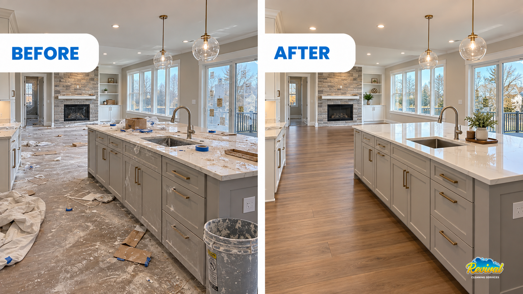 Before and after of a newly renovated kitchen: dust, tape, cardboard and debris on the counters and floor before, clean counters and wood floor after
