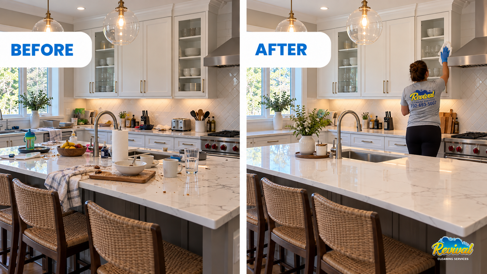 Before and after of a family kitchen: dishes, crumbs and clutter on the marble island before, a clear, shining island after while a Revival team member wipes the cabinets