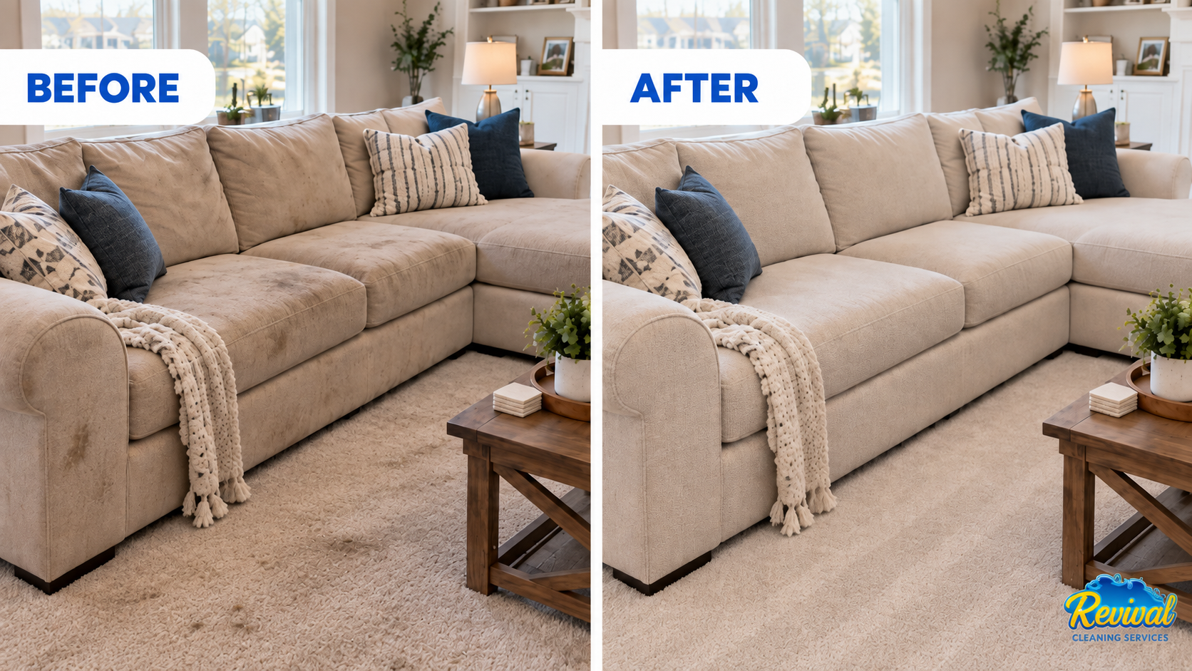 Before and after of a beige sectional sofa and carpet: visible stains and dark spots before, clean, even fabric and carpet after